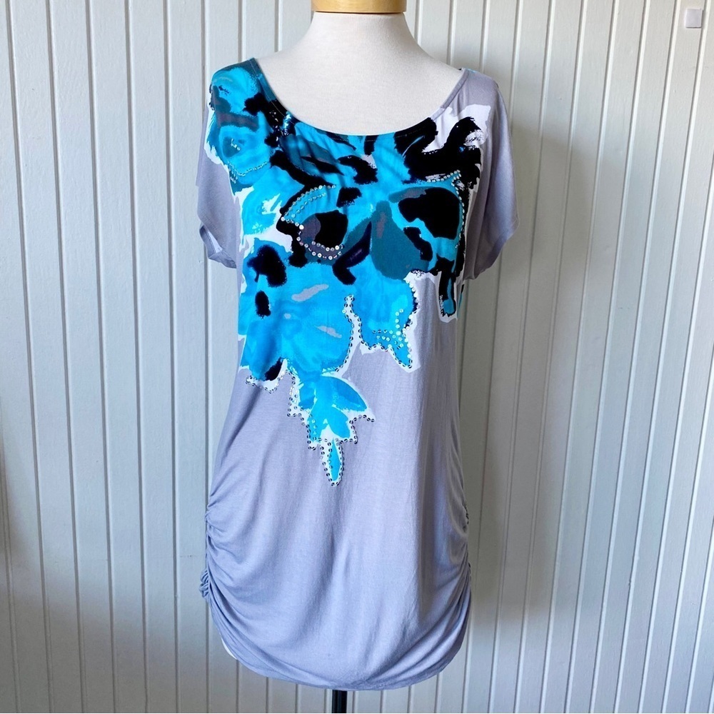 INC International Concepts Long Tunic Shirt Turquoise Blue Flowers Sequins Large